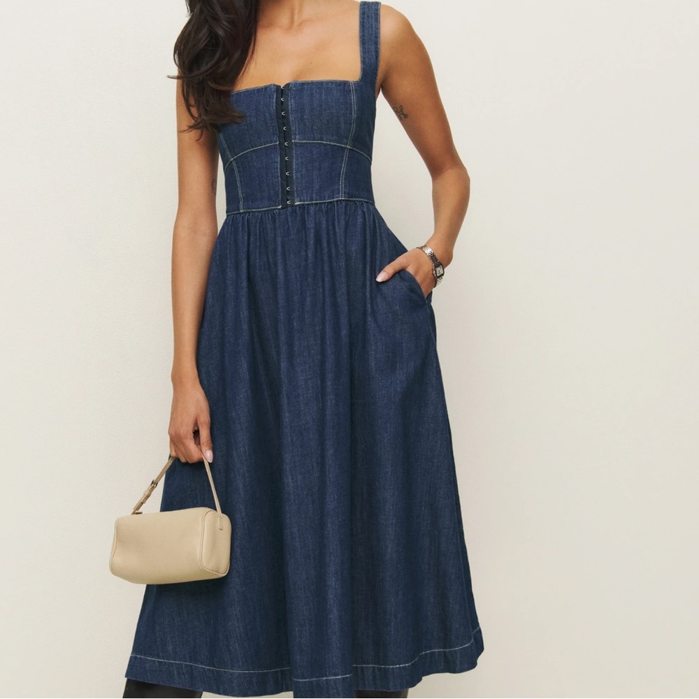 Reformation Tagliatelle Denim Midi Dress, Size 2